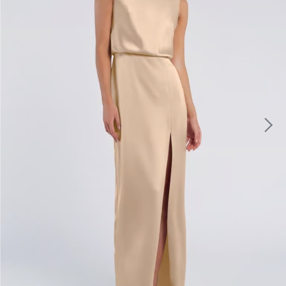 Jenny Yoo Rivka Tan Satin Maxi Dress with Slit - Picture 1 of 4